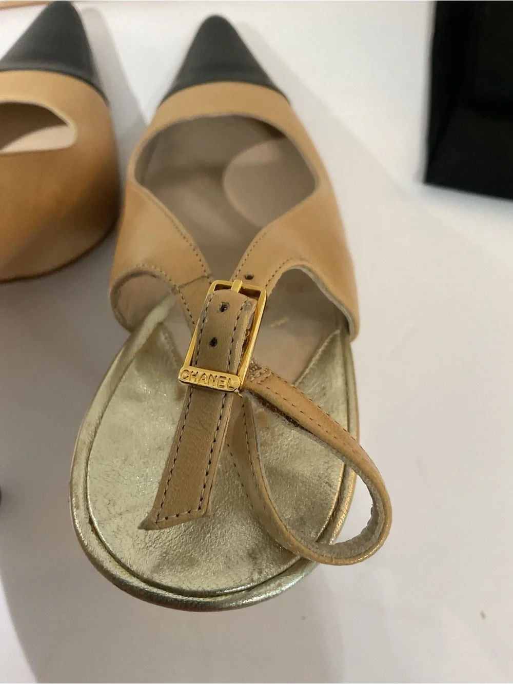 CHANEL Beige and Black Pointed Slingback Pumps